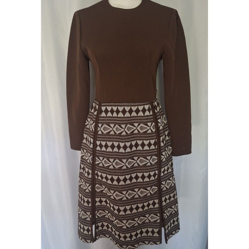 Vtg 60’s Long Sleeve Knit Dress Geometric print fited brown Retro Mod sz 10